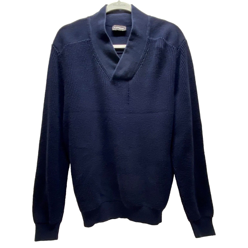 Express Sweater Men's XL Navy Blue Shawl Neck 100% Cotton Ribbed Career Casual